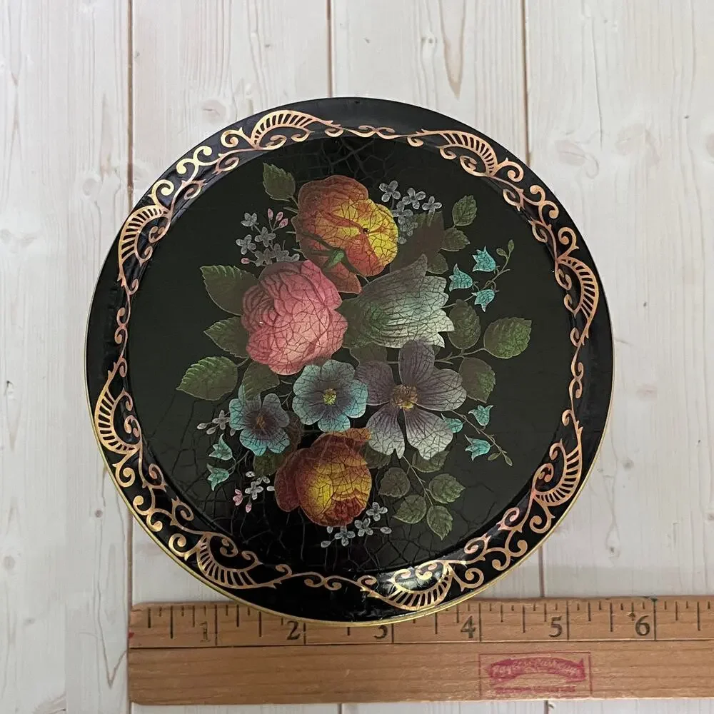 Vintage Lithograph Toleware Tin Faux Crackle Finish Floral Bouquet Gold Scrolls